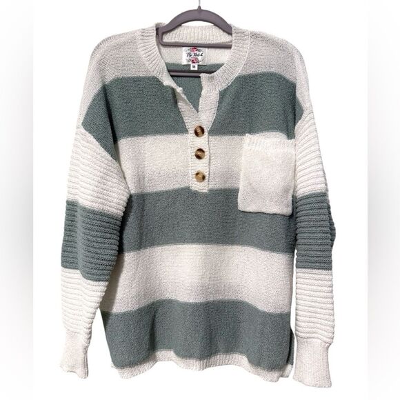 Top Notch Boutique Button Front Pullover Sweater White Sage Green Stripes Medium - Picture 1 of 8